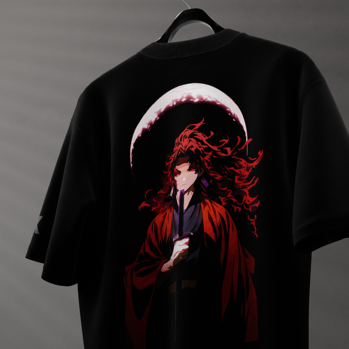 Yoriichi black oversized t-shirt featuring vibrant anime art on the back with a striking moon design