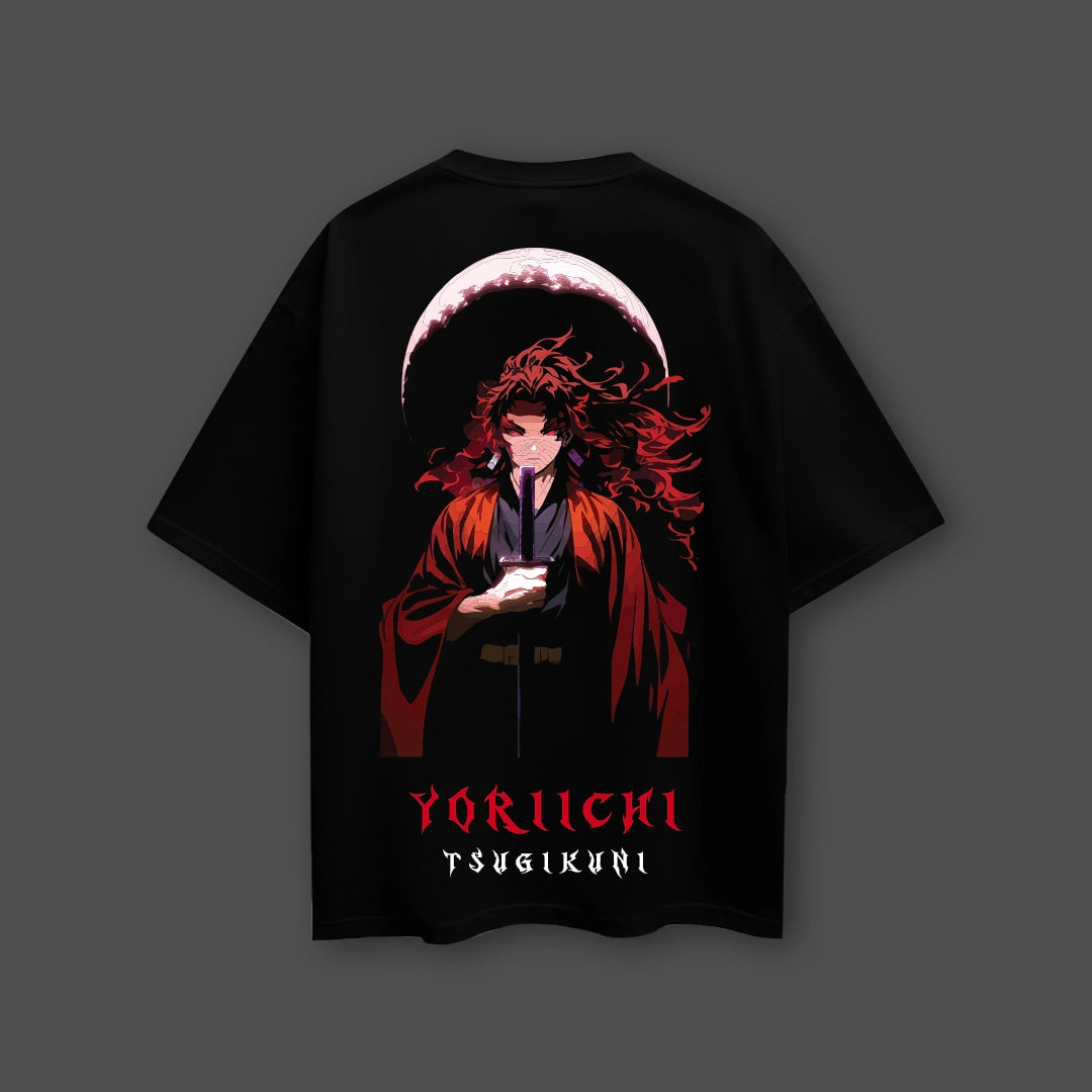 Yoriichi black oversized t-shirt featuring a stunning graphic design of Yoriichi Tsugikuni