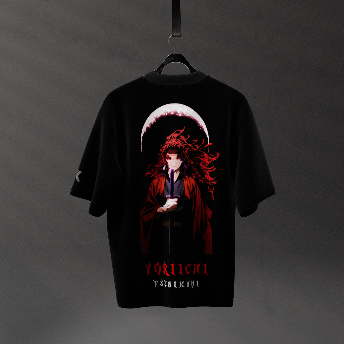 Yoriichi black oversized t-shirt featuring a dramatic anime character design on the back