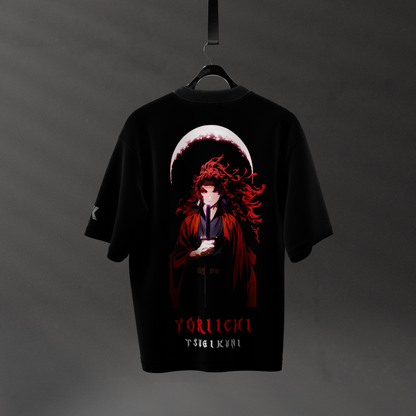 Yoriichi black oversized t-shirt featuring a dramatic anime character design on the back