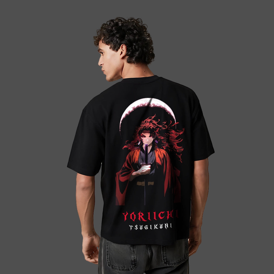 Yoriichi black oversized t-shirt featuring a stunning graphic print on the back