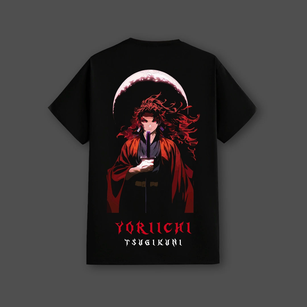 Yoriichi black t-shirt featuring a vibrant graphic and bold lettering on the back for anime enthusiasts