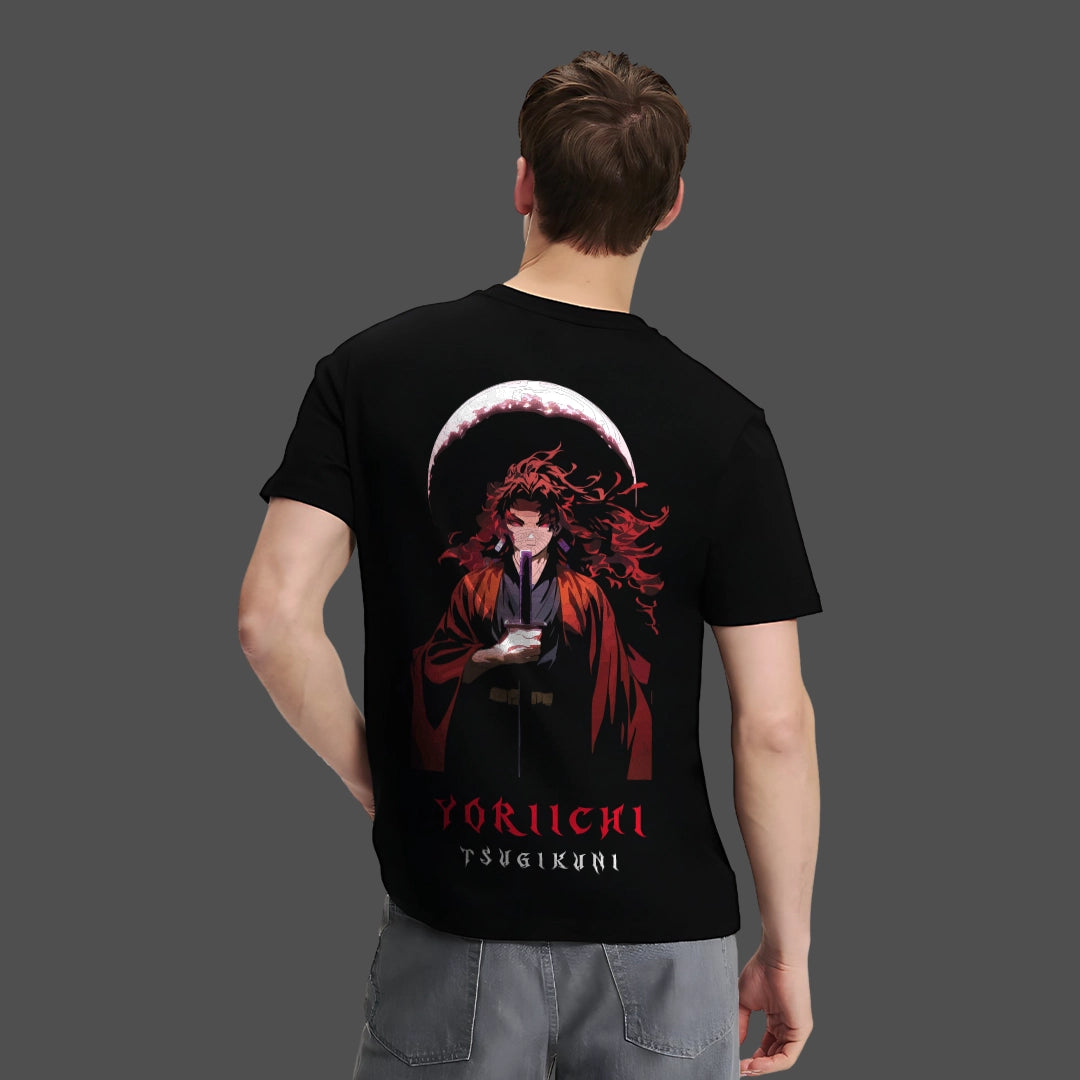 Yoriichi black t-shirt featuring a striking anime character design on the back