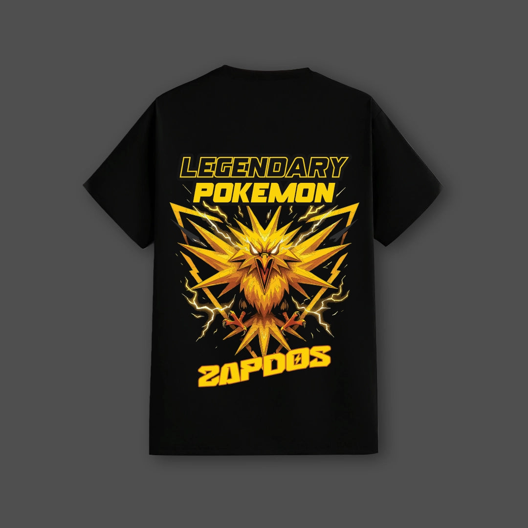 Zapdos black t-shirt featuring a vibrant Legendary Pokemon design with lightning graphics