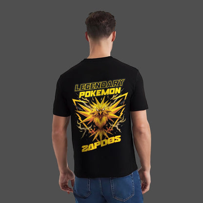 Zapdos black t-shirt featuring legendary Pokémon design in bold yellow lettering on the back