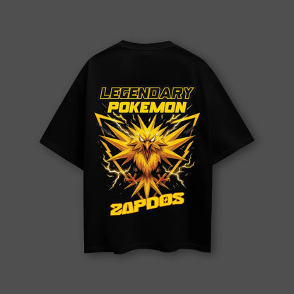 Zapdos oversized black t-shirt featuring a vibrant yellow design and legendary Pokemon graphics