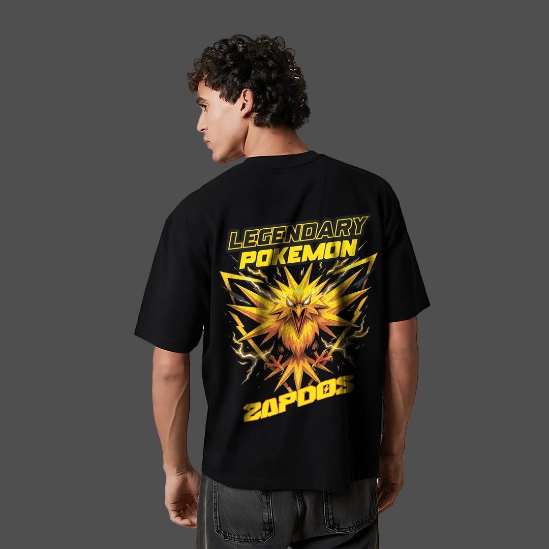 Zapdos oversized black t-shirt featuring colorful legendary Pokemon graphic on the back