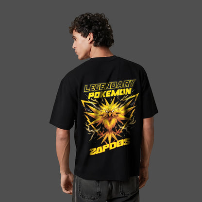 Zapdos oversized black t-shirt featuring colorful legendary Pokemon graphic on the back