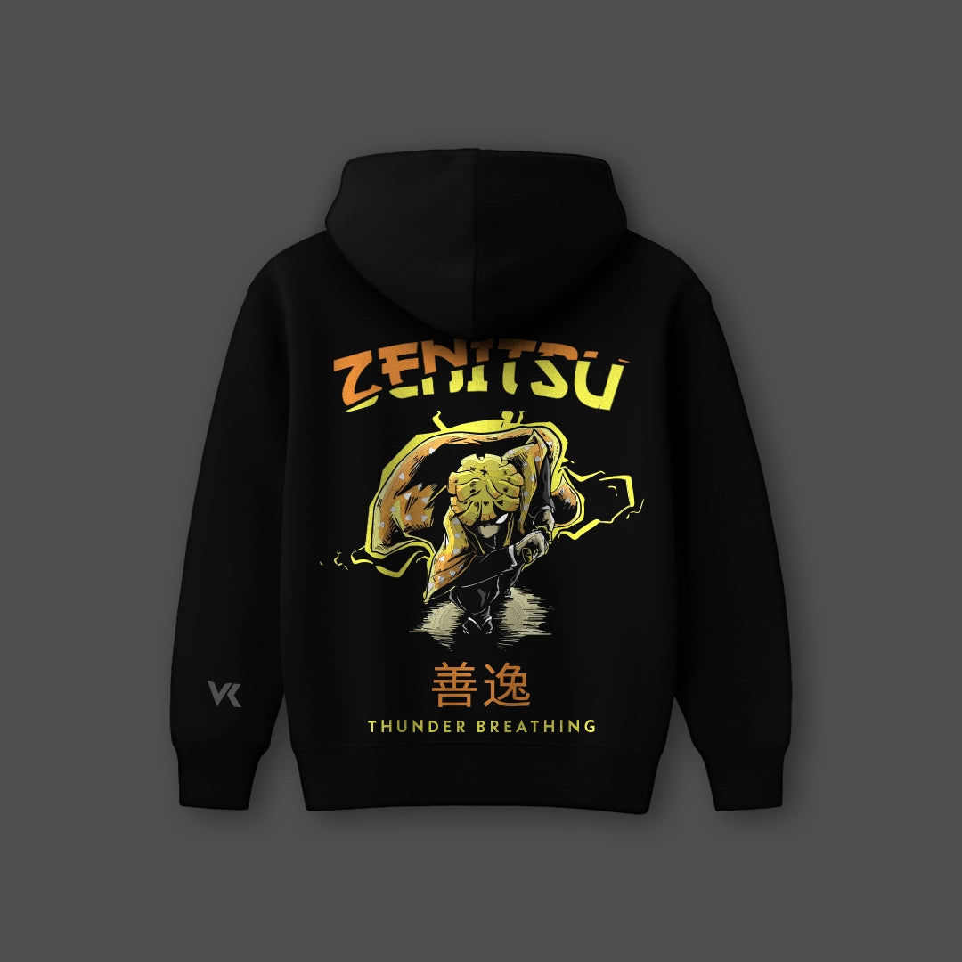 Zenitsu Thunder Breathing oversized hoodie featuring a vibrant graphic on a black background