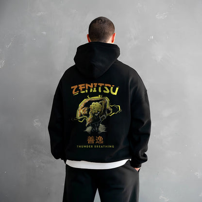 Zenitsu Thunder Breathing oversized hoodie featuring a striking anime design on the back