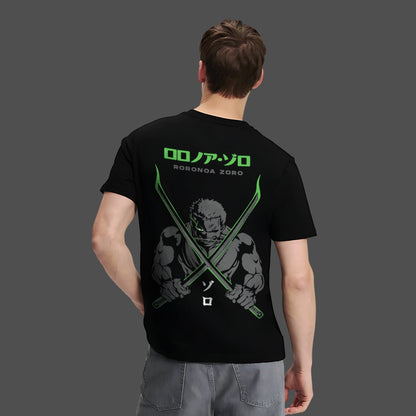 Zoro black t-shirt featuring graphic of Roronoa Zoro with crossed swords on a black background