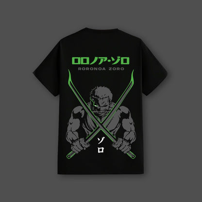 Zoro black t-shirt featuring vibrant graphics of Roronoa Zoro with swords on the back