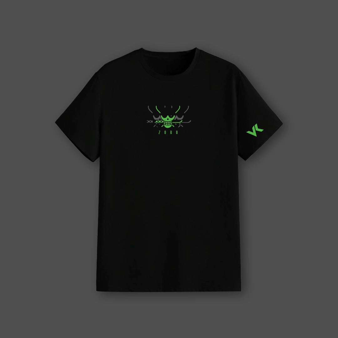 Zoro black t-shirt featuring green graphic design on the front and sleeve